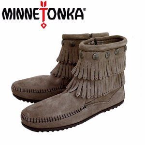 Minnetonka 691T Double Fringe Zip-up Gray Ankle Boots, 7
